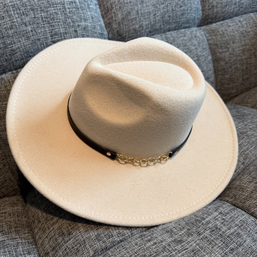 Cream Wide Brim Felt Hat with Black Band Gold Chain Detail Adjustable Fit